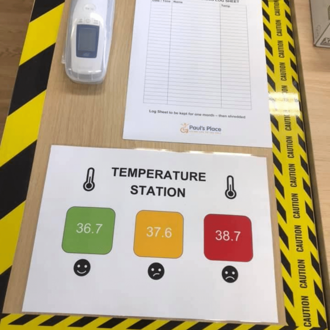 temperature checks Image of temperature checking station with 3 squares. 1 green, 1 yellow and 1 red to indicate safety.