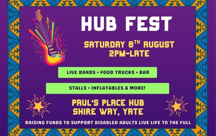 A poster saying Hub Fest 2026. The background is purple and it has blue and orange flags as a border. The date is advertised as 8th August. The poster promotes that we will have live bands, a bar, food trucks, inflatables and more.